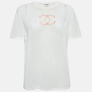 Chanel White Cc Embroidered Mesh Sheer T-Shirt L